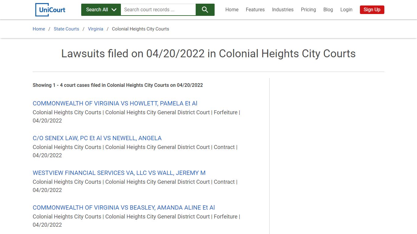 Lawsuits filed on 04/20/2022 in Colonial Heights City Courts